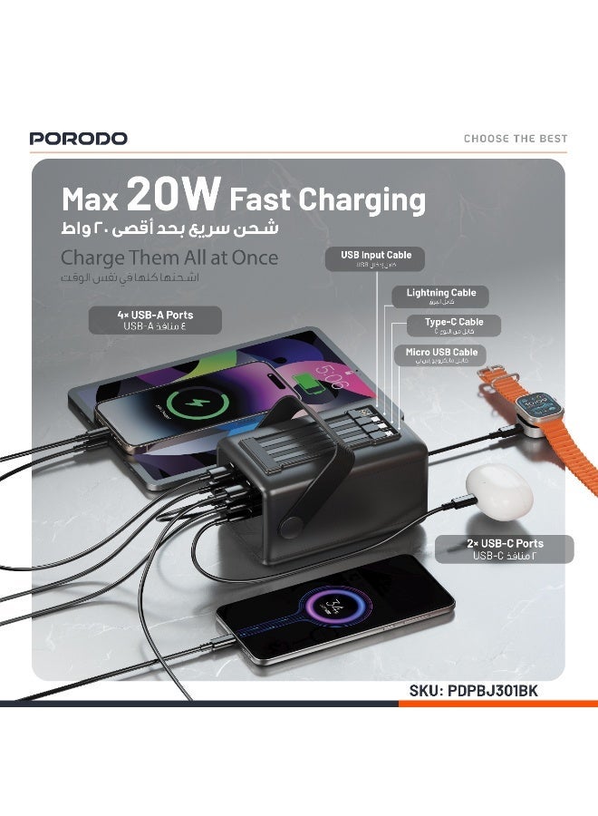 porodo LARA Power Bank 80000mAh with Integrated Cables and Flashlight / Fast Charge Powerbank / Portable Charger 20W PD / Portable Handle / Built-in Safety Feature / High Battery Capacity - Black - Image 2